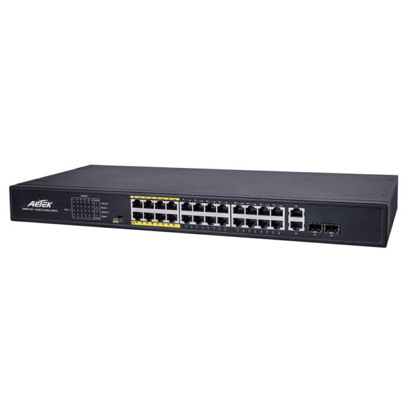 Aetek 24 Port Unmanaged PoE Switch, 2x 1Gb SFP/RJ45, EX Mode, 380W