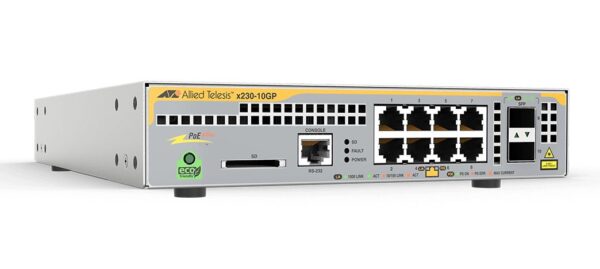 Allied Telesis 8-port Gigabit PoE Switch, 8x 10/100/1000T + 2x Gigabit SFP Ports