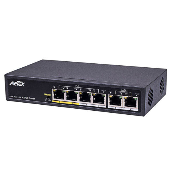 Aetek 4 Port Unmanaged PoE Switch, 2x 100Mb RJ45, EX Mode, 65W