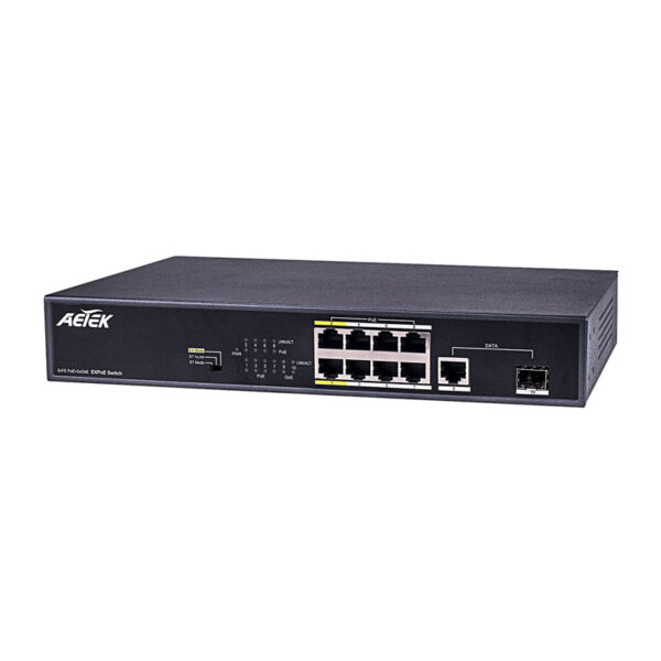 Aetek 8 Port Unmanaged PoE Switch, 1Gb SFP/RJ45, EX Mode, 120W