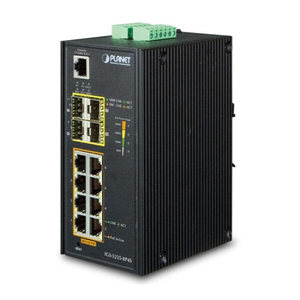 Planet 8 Port Industrial Switch, L2/L4 Managed, 4 SFP Ports, -40 to 75 deg C